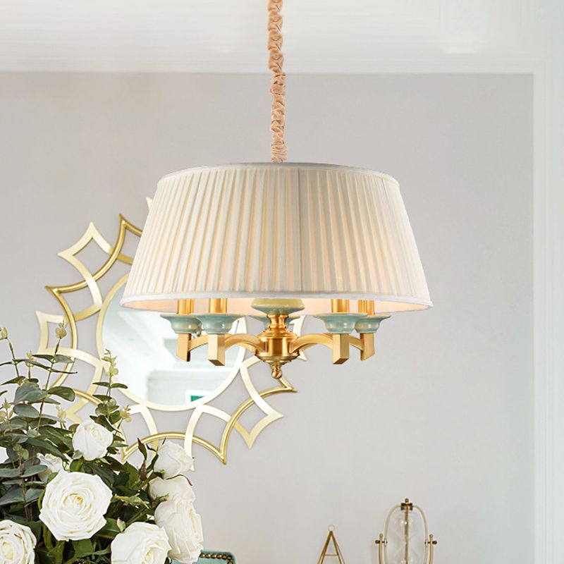 Tapered Drum Dining Room Chandelier Traditional Fabric 5-Head Brass Finish Hanging Ceiling Light