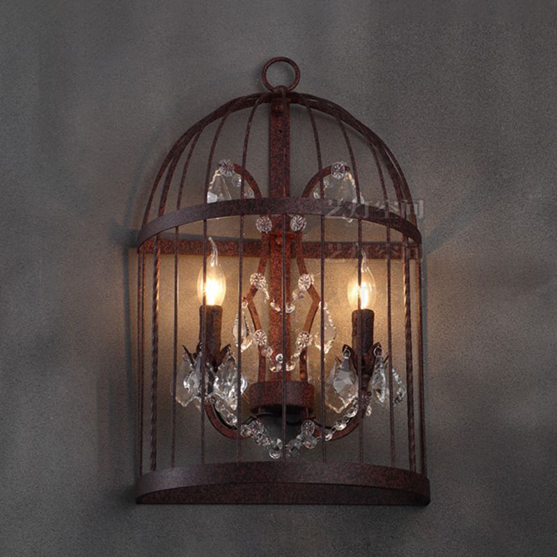 2 Heads Crystal Wall Sconce Industrial Rust Birdcage Living Room Metal Wall Mounted Light