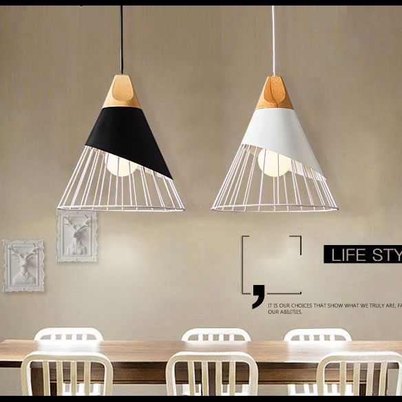 Metal Tapered Hanging Light Nordic Modern 1 Light Restaurant Ceiling Pendant Lamp with Wooden Top