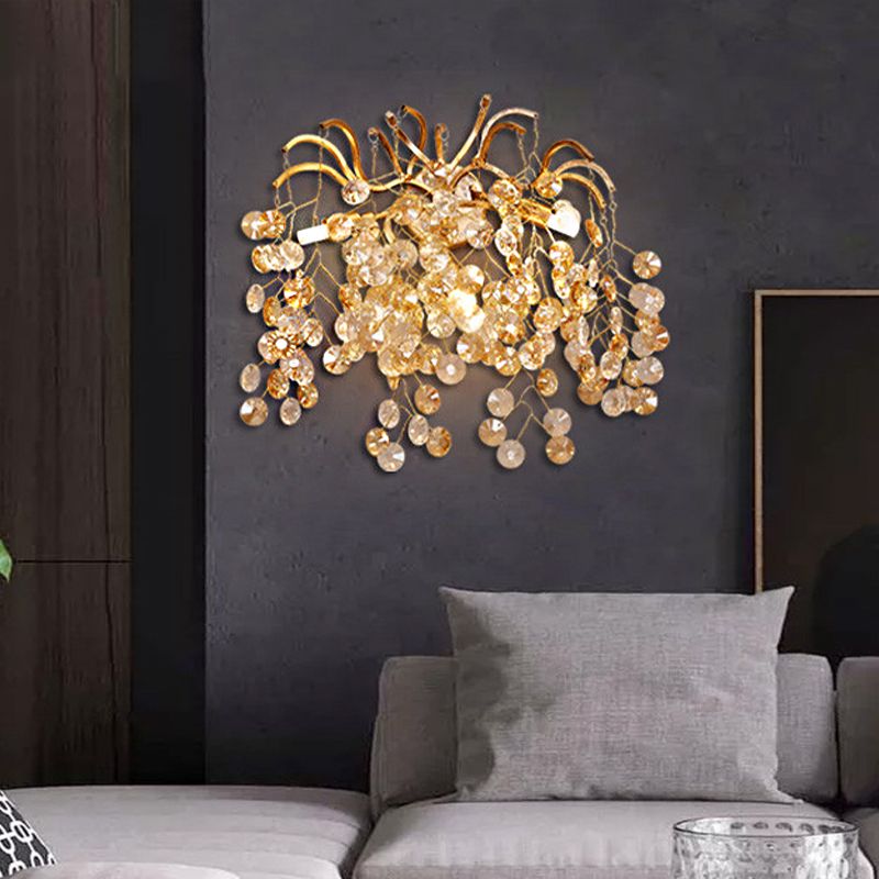 Applique murale en cristal à facettes, branche postmoderne à 3 têtes, luminaire doré pour salon
