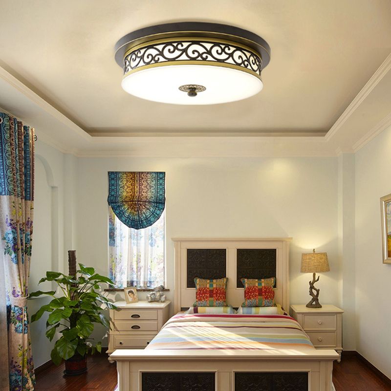 Drum Shaped LED Ceiling Lamp Traditional White Glass Flush Mount Lighting for Dining Room