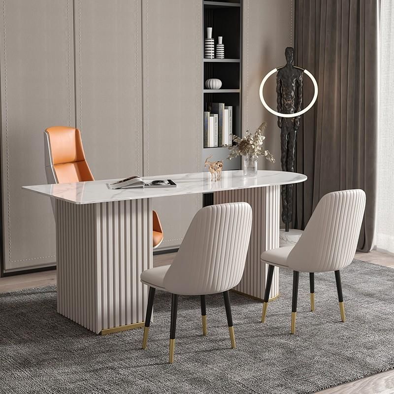 Beige Stone Writing Desk with Chrome Metal Base Office Desk Pedestal