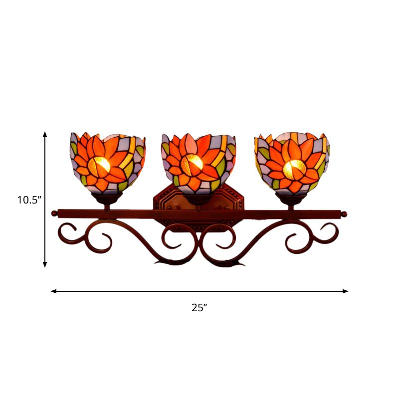 3 Lights Wall Lighting Fixture Tiffany Dome Sunflower-Pattern Stained Glass Sconce with Swirling Arm in Bronze