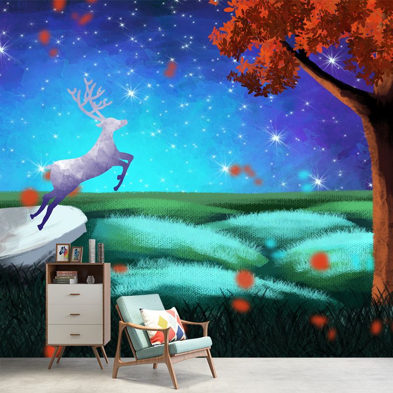 Blue-Orange Childrens Art Mural Big Deer in Starry Night Forest Wall Decor for Bedroom
