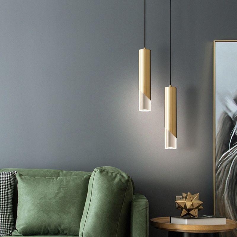 Cilindrische koperen LED -verlichting Hanger Acryl schaduw Minimalisme Slaapkamer Suspensielamp met 78,7 "Hangdraad