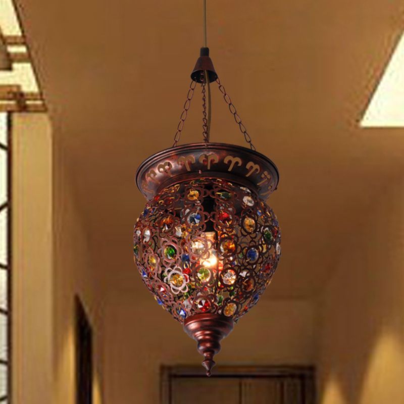 Metal Copper Drop Lamp Urn 1 Bulb Traditional Suspended Lighting Fixture for Balcony