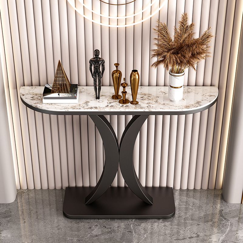 Glam Half Moon Accent Table with Stone Top and Iron Pedestal Base
