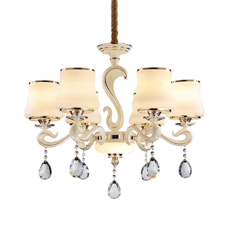 Beige 6-licht plafondlamp Minimalistisch Cream Glass Bell Crystal Kroonluchter Hanglampje