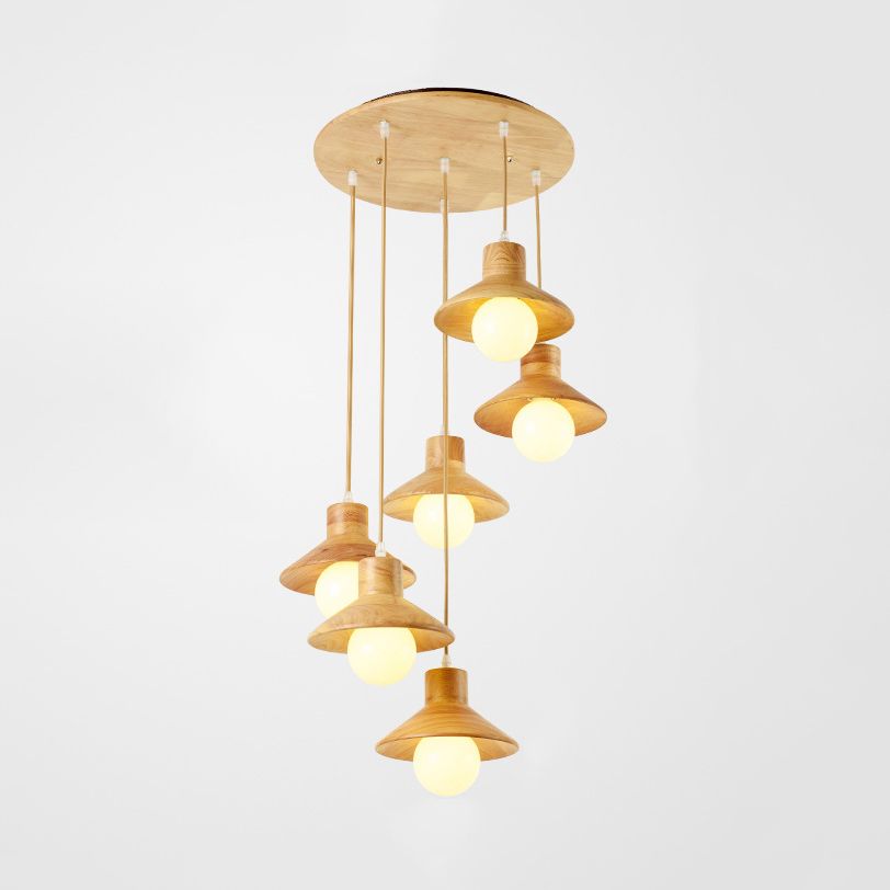 Coolie Shade Hanging Light with Linear/Round Canopy Modern Wooden Pendant Light in Beige for Kid Room