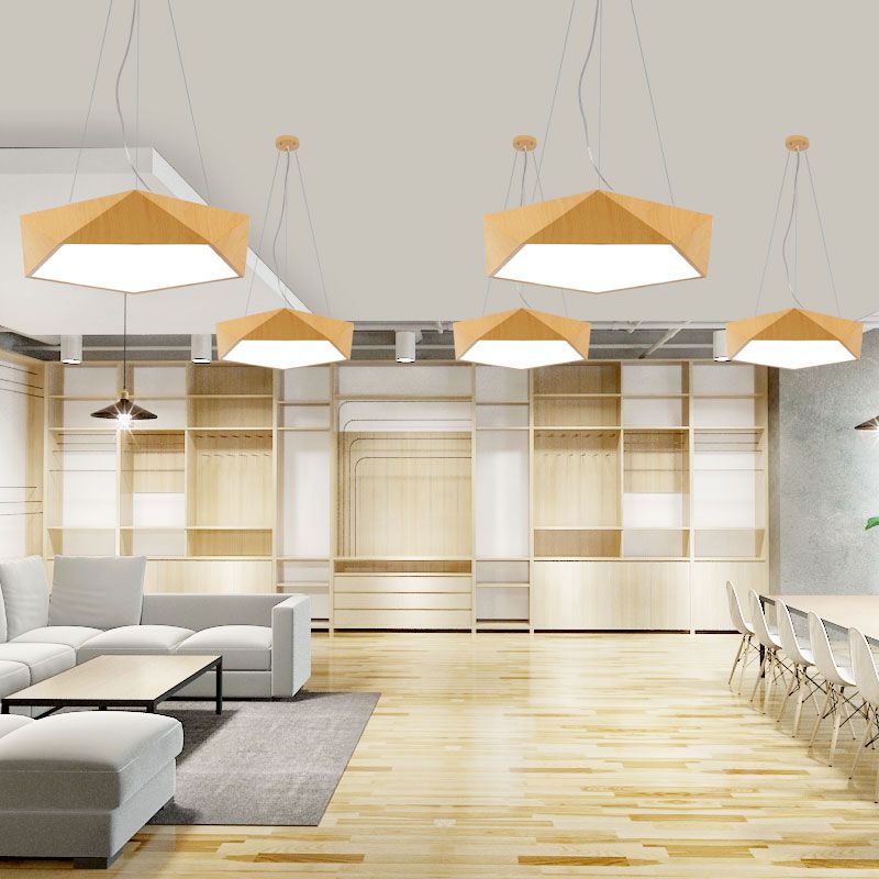 Nordisches Pentagonaler Kralierleuchter Acryl -Büro -LED -Anhänger Deckenleuchte in hellem Holz