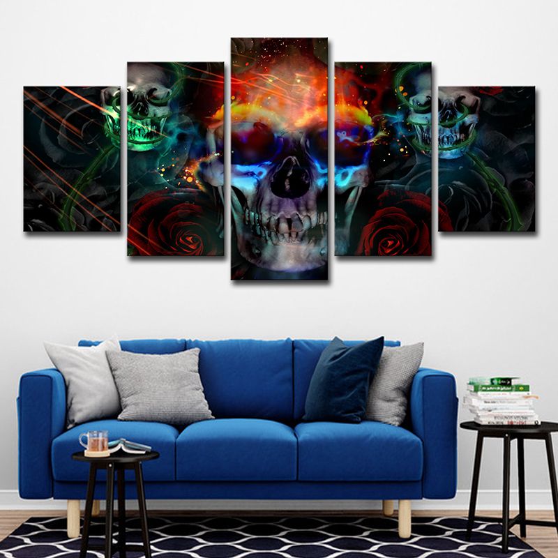 Multicolored Skull Skeleton Wall Art Multi-Piece Kids Style Bedroom Canvas Print on Black
