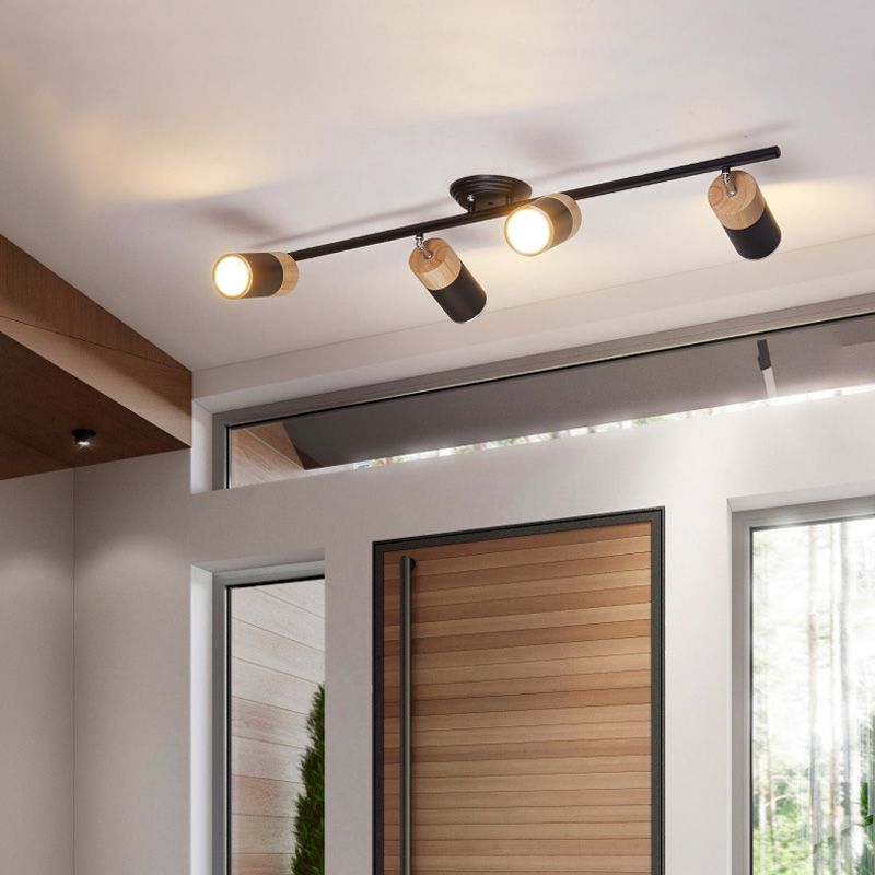 Nordic Cylindrical Metal and Wooden Cylindrical Track Spotlights Flush Mount Ceiling Light Fixtures for Foyer and Shop