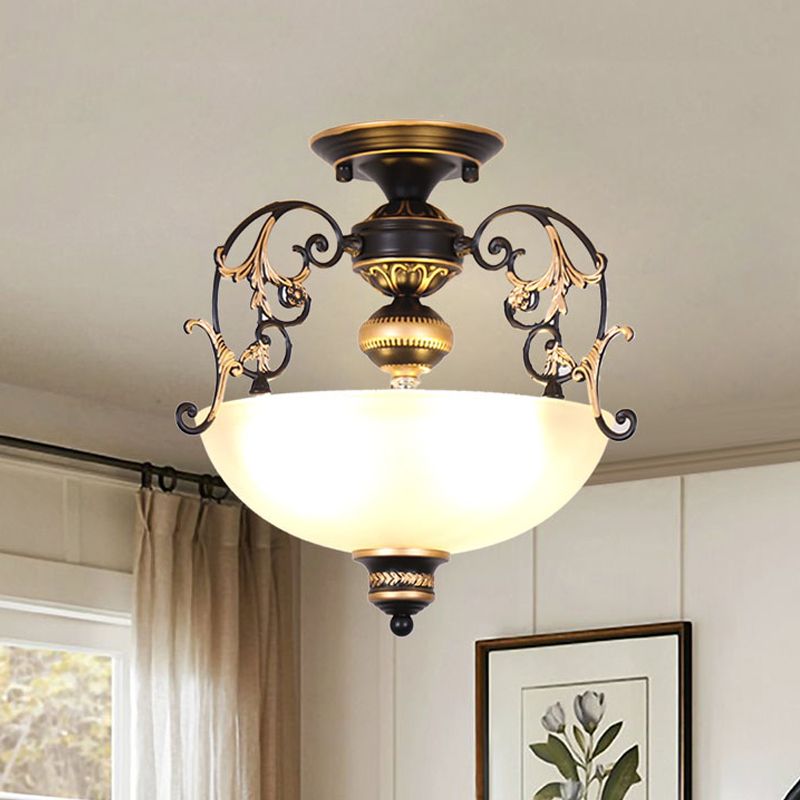 Open-Top Bowl Pathway Ceiling Lamp Antique Opal Glass 3-Light Black Semi Mount Lighting with Swirled Arm