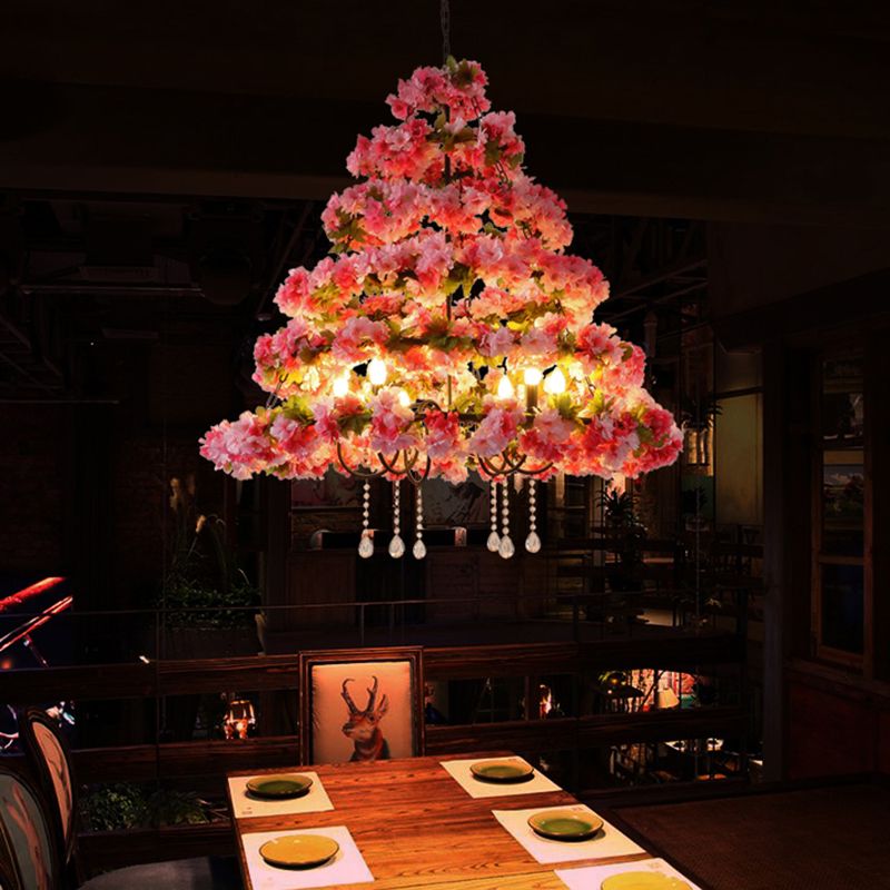 Metal Black Chandelier Lighting Cherry Blossom 6 Lights Retro LED Ceiling Pendant with Crystal Draping