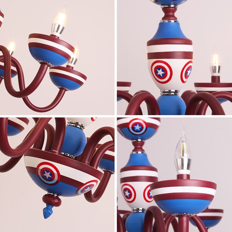 Cartoon Curved Arm Ceiling Lamp Metal Nursery Chandelier Light in Red and Blue for Child Room