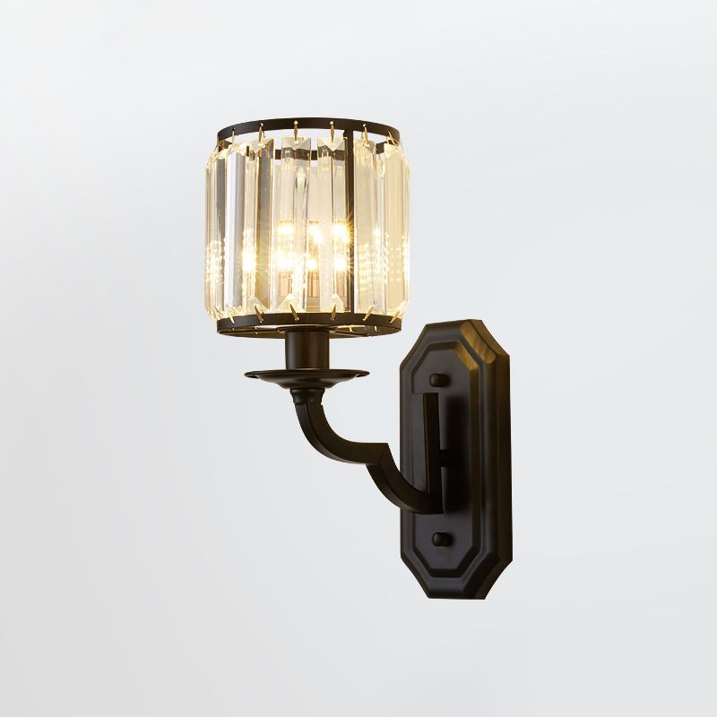 1 Kopfwandhalterung Leuchte ländliche Trommelfacettierkristallwandlampe in Schwarz