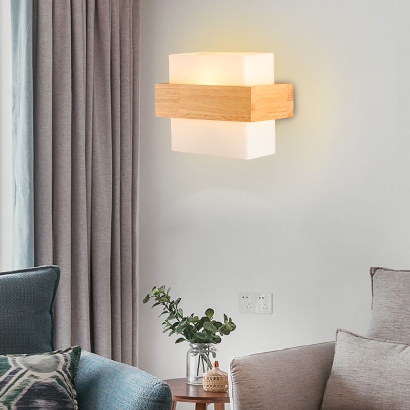 Modern Wood Wall Sconce Rectangle Shape Wall Light with Glass Shade for Living Room