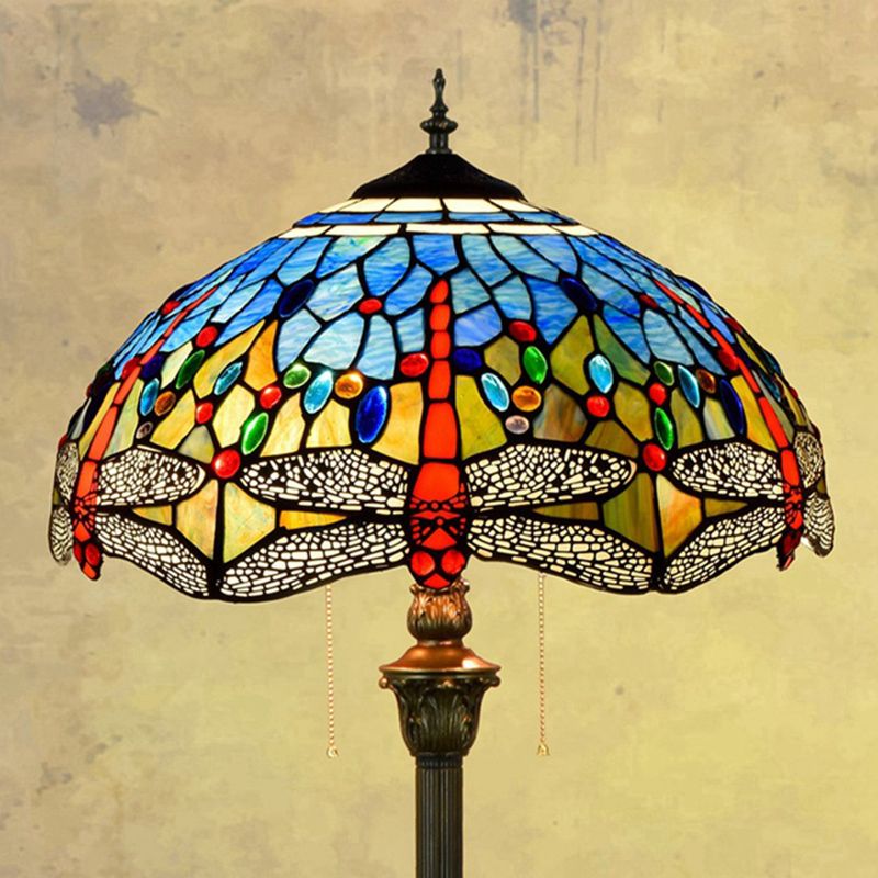 Dragonfly Floor Light 2 Heads Stained Art Glass Tiffany Standing Lamp with Pull Chain in Blue