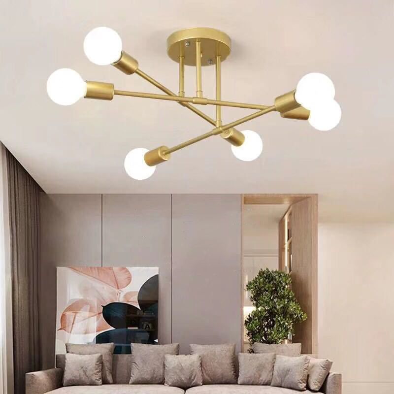 Industrial Vintage 6-Light Ceiling Light Wrought Iron Bare Bulb Semi Flush Mount for Living Room