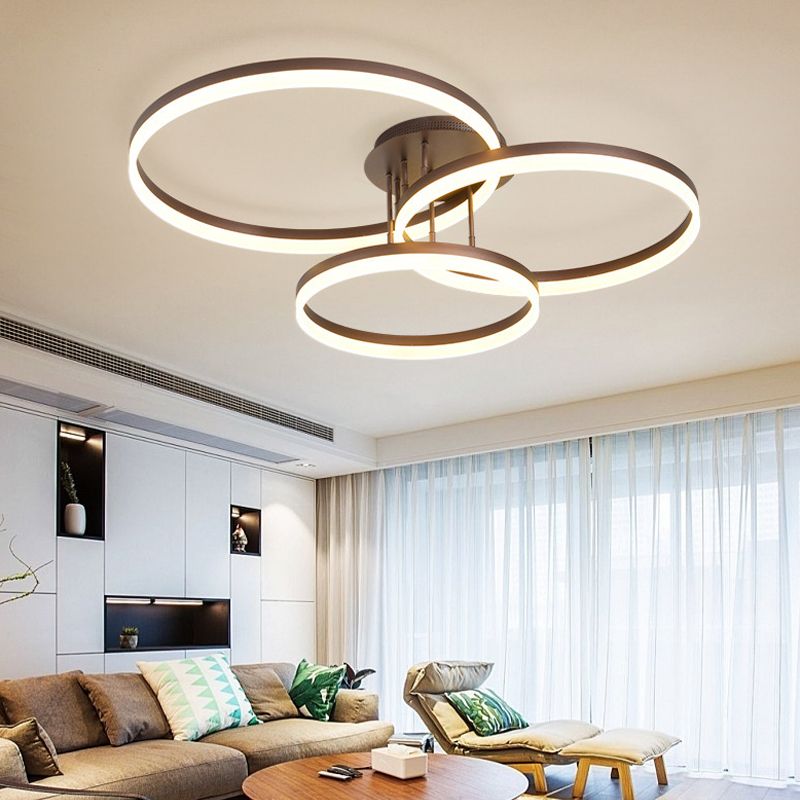 Plafoniera moderna in acrilico a 3 anelli da 31,5"/35,5" Lampada da soffitto moderna a LED marrone con montaggio a semi-incasso in luce calda/bianca/naturale