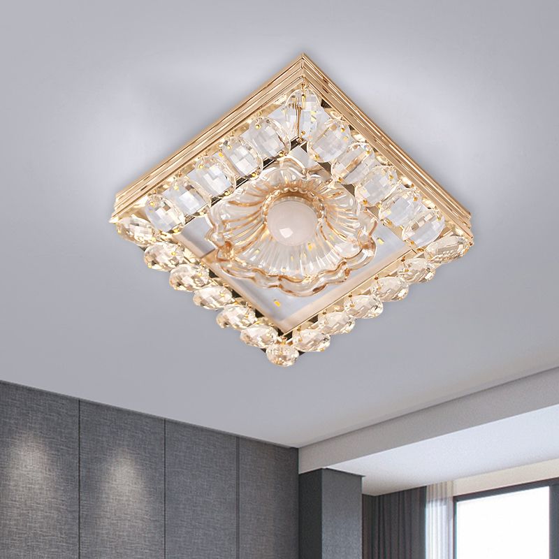 Minimal Round/Square Ceiling Lamp LED Faceted Crystal Flush Mount Fixture in Gold with Flower Shade