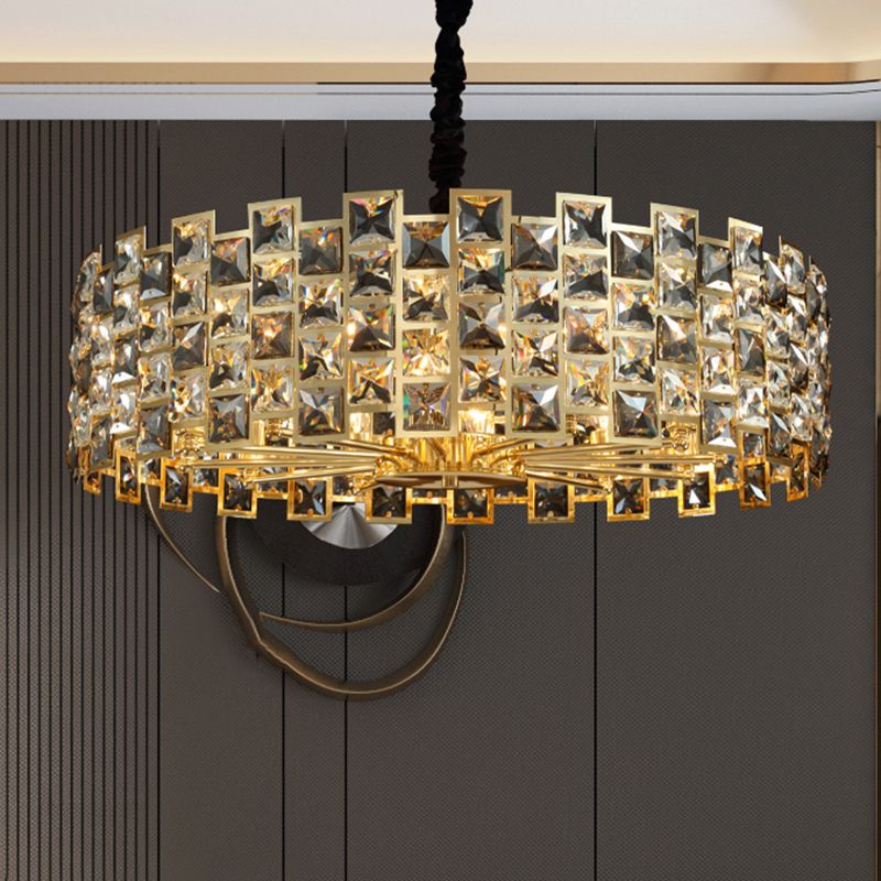Black Drum Shaped Chandelier Pendant Minimalist Crystal Rectangle Suspension Light for Living Room
