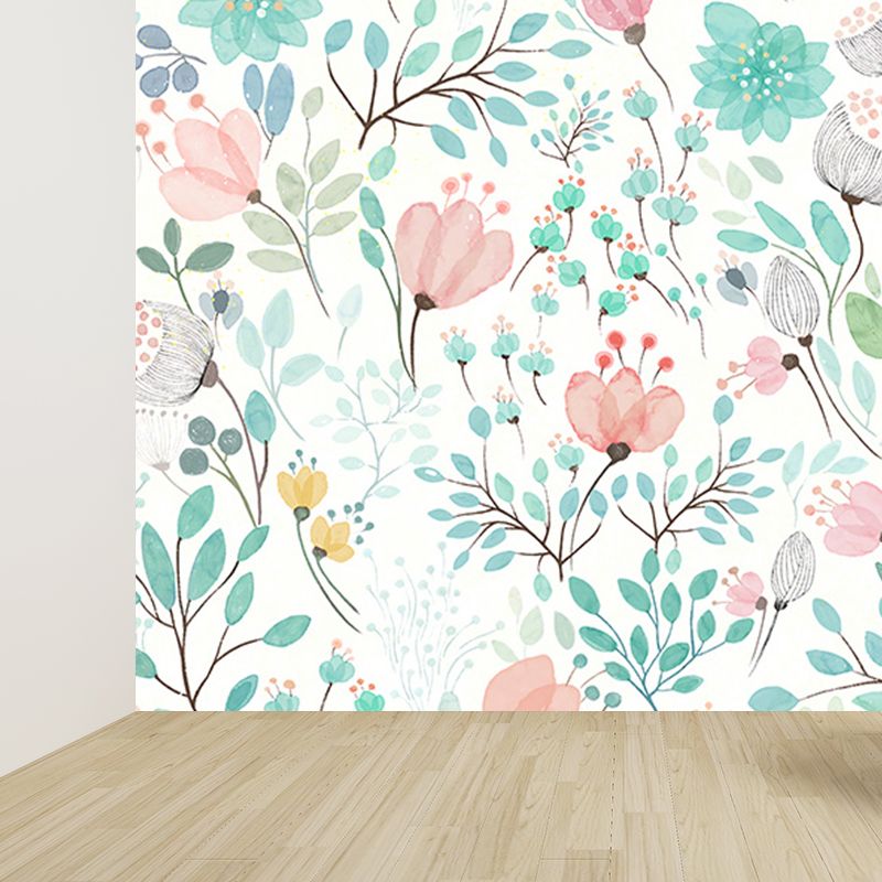 Modern Flower Print Wall Mural Non-Woven Stain Resistant Light Color Wall Art for Kitchen