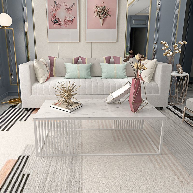 Glam Style Rectangle Coffee Table with Marble Top and Iron Frame Base