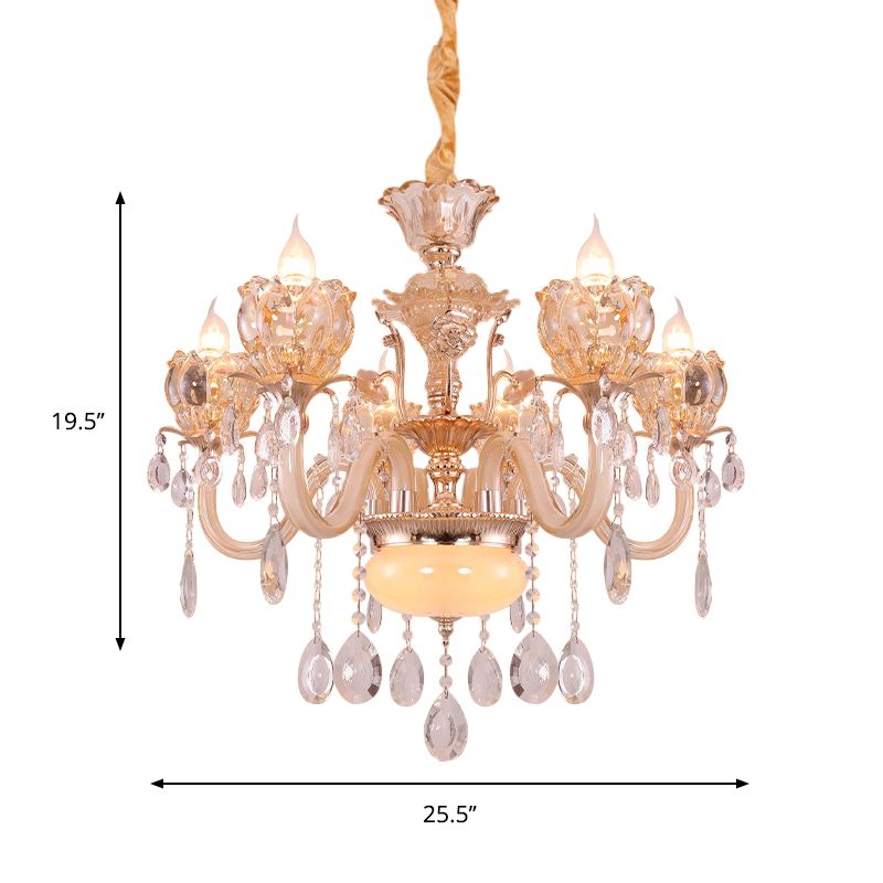 Gold Candle Chandelier Lamp Modern Amber Glass 6/8 Bulbs Living Room Pendant with Crystal Drop