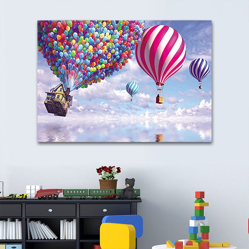 Purple Hot Air Balloon Painting Textured Children's Art Wrapped Canvas for Living Room