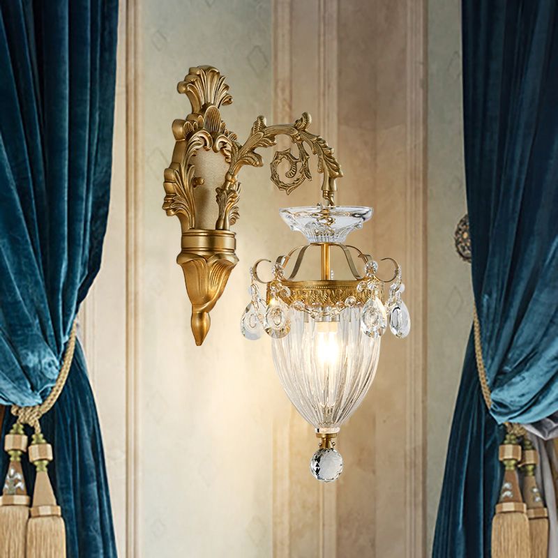 Vintage Style Urn Wall Lamp Clear Fluted Glass 1/2-Bulb Bedroom Wall Sconce Fixture with Carved Backplate in Brass