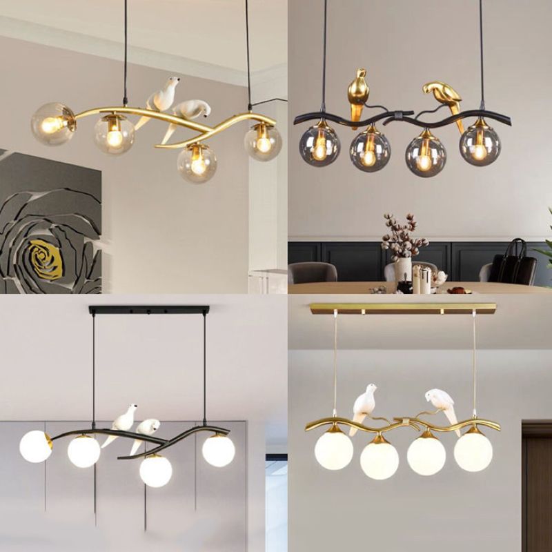 Glass Globe Island Light in Modern Singularity Wrought Iron Pendant Light with Resin Bird Decoration