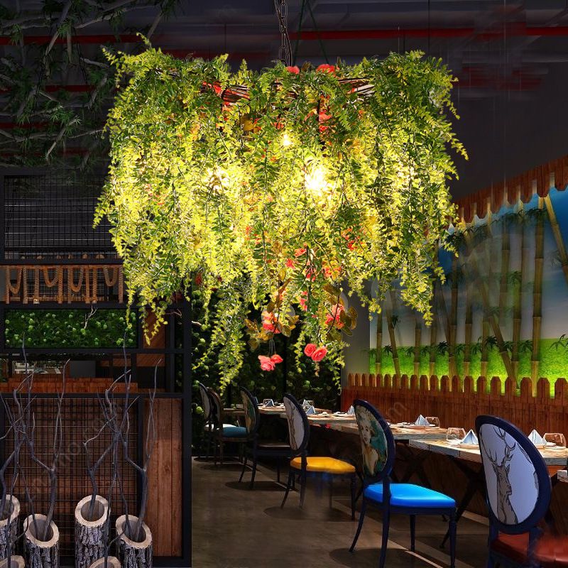 Green LED Ceiling Light Industrial Metal Open Cage Chandelier Lighting with Plant Decoration, 18"/23.5"/31.5" Wide