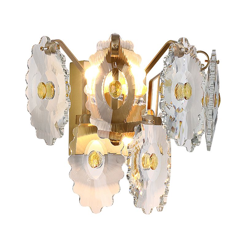 Gear Clear Crystal Wall Mounted Light Postmodern 2 Lights Sconce Light with Green/Gold Gem