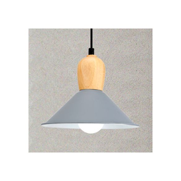 Metal Cone Pendant Light with Wooden Bulb Base 1 Head Nordic Style Hanging Light for Office
