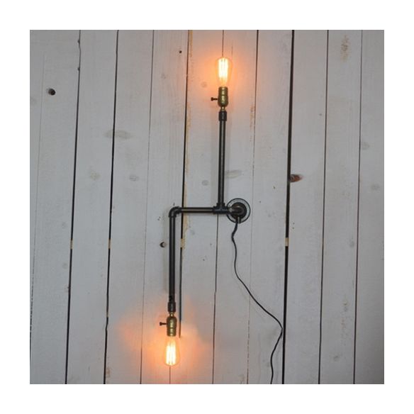 Black Finish Piped Wall Lamp Fixture with Open Bulb Farmhouse Wrought Iron 2 Bulbs Indoor Sconce Light