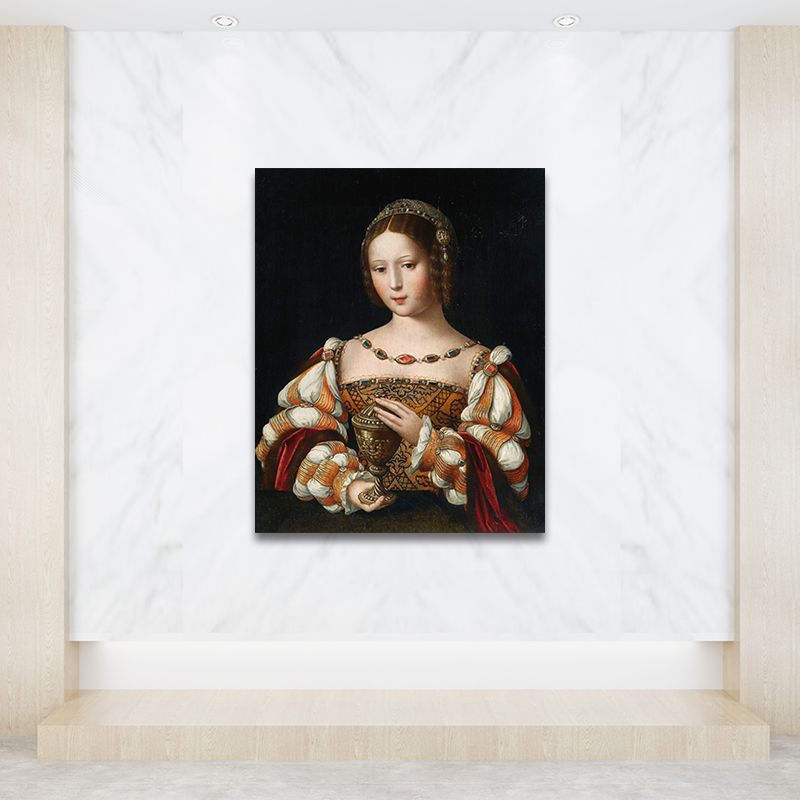 Noblewoman Portrait Painting Textured Retro Style Home Canvas Wall Art in Dark Color
