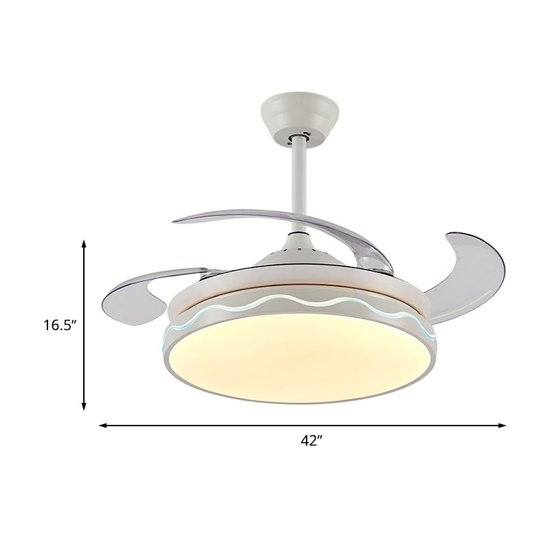 Luz de ventilador de colgante circular contemporáneo de 42 "LECHA DEL ACRYLIC SEMI SEMI FLUSH LUZ en blanco con 4 cuchillas, control remoto/pared/conversión de frecuencia y control remoto