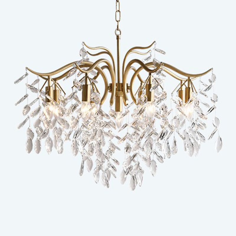 Gold Branches Suspended Lighting Fixture Rustic Crystal Living Room Chandelier Pendant Light