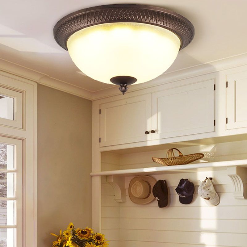 Brown Bowl Ceiling Fixture in Traditional Creative Style Wrought Iron Flush Mount with Glass Shade