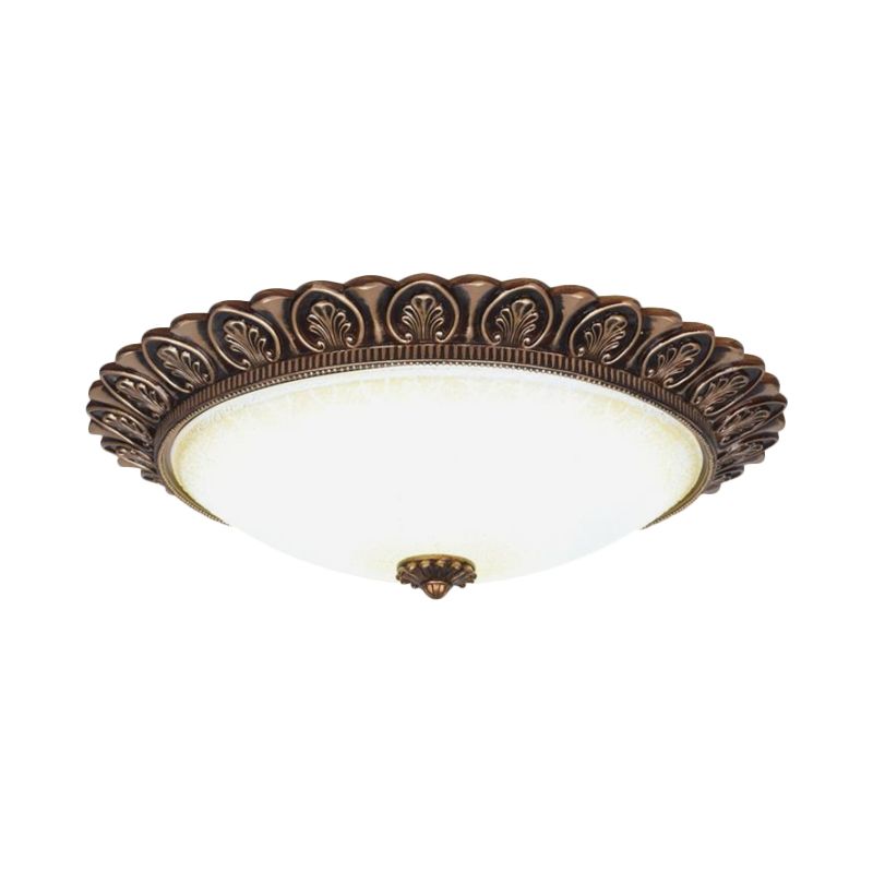 LED Flush Ceiling Light Antique Leaf-Trimmed Dome Frosted Glass Flushmount Lighting in Gold