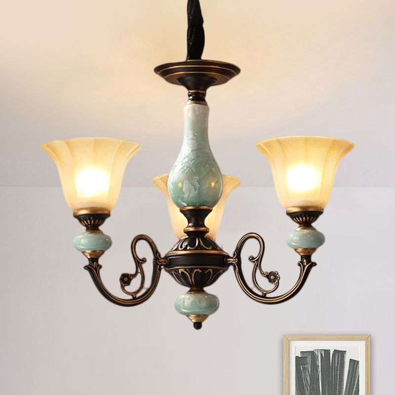 Black-Gold Curvy Armed Pendant Chandelier Style Rural Metallic 3/5/6 Lights Livrer le plafond Light With Blossom Shade
