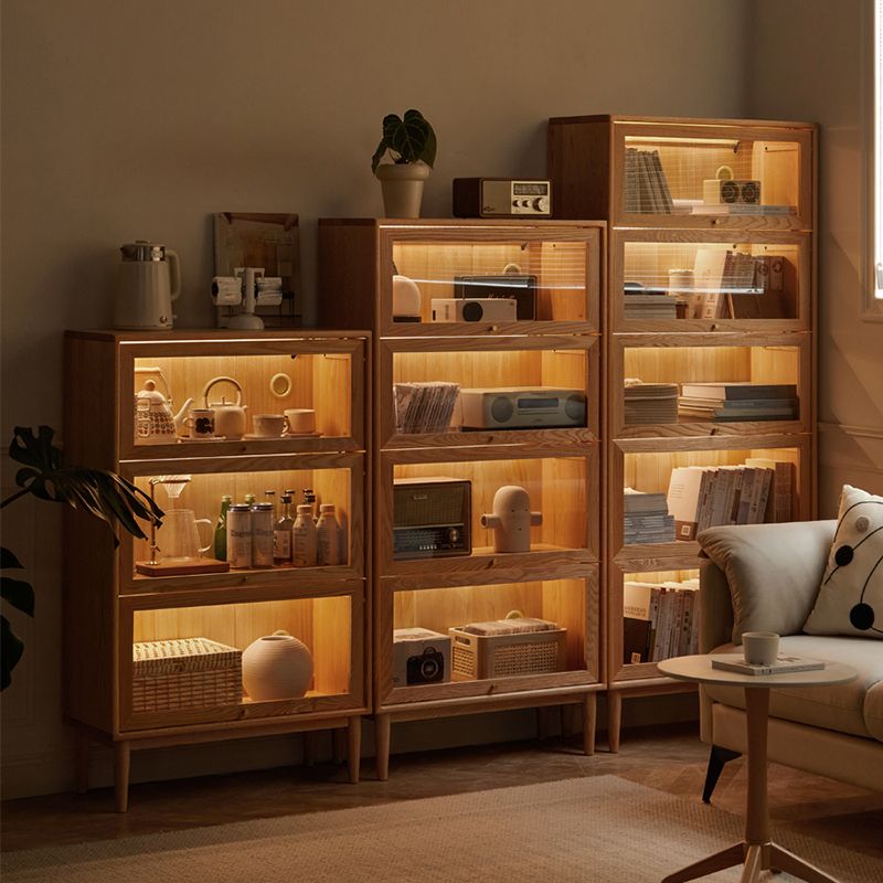 Modern Oak Finished Glass Door Sideboard in Natural with Lights