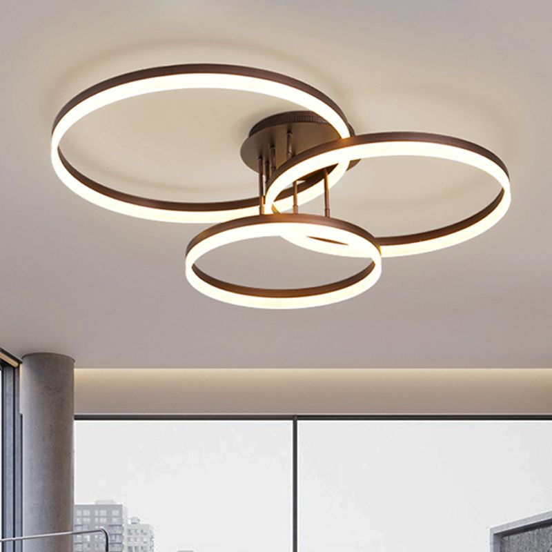 Plafoniera moderna in acrilico a 3 anelli da 31,5"/35,5" Lampada da soffitto moderna a LED marrone con montaggio a semi-incasso in luce calda/bianca/naturale