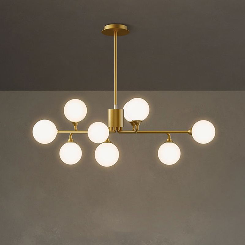 Postmodern Sputnik Island Lighting Metal 6/9/12 Heads Living Room Ceiling Pendant in Gold with Ball White Glass Shade