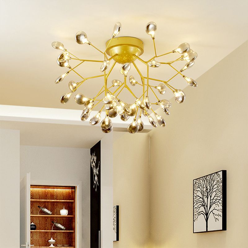 Branch LED Semi Flush Mount Simplistic Metallic Living Room Close To Ceiling Chandelier in Gold