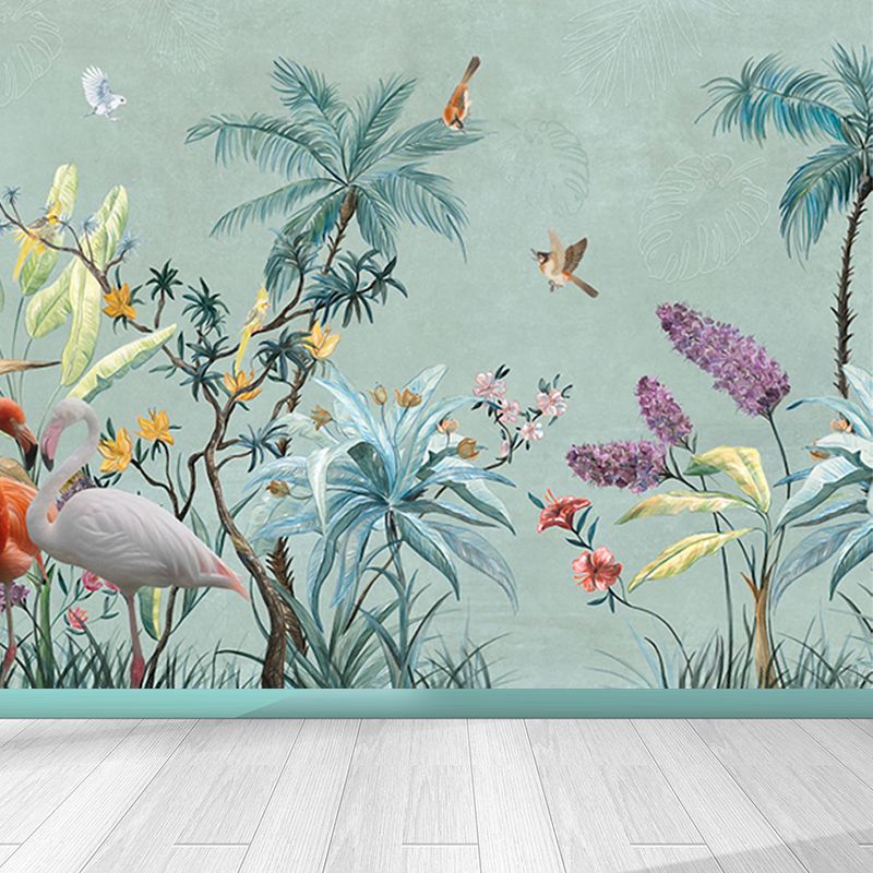 Big Flamingo Mural Decal Tropix Misty Lake Scenery Wall Art in Blue for House Interior