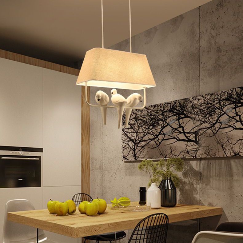 Dinning Room Pendant Light Fixture Rustic White Hanging Lamp Kit Square Fabric Shade