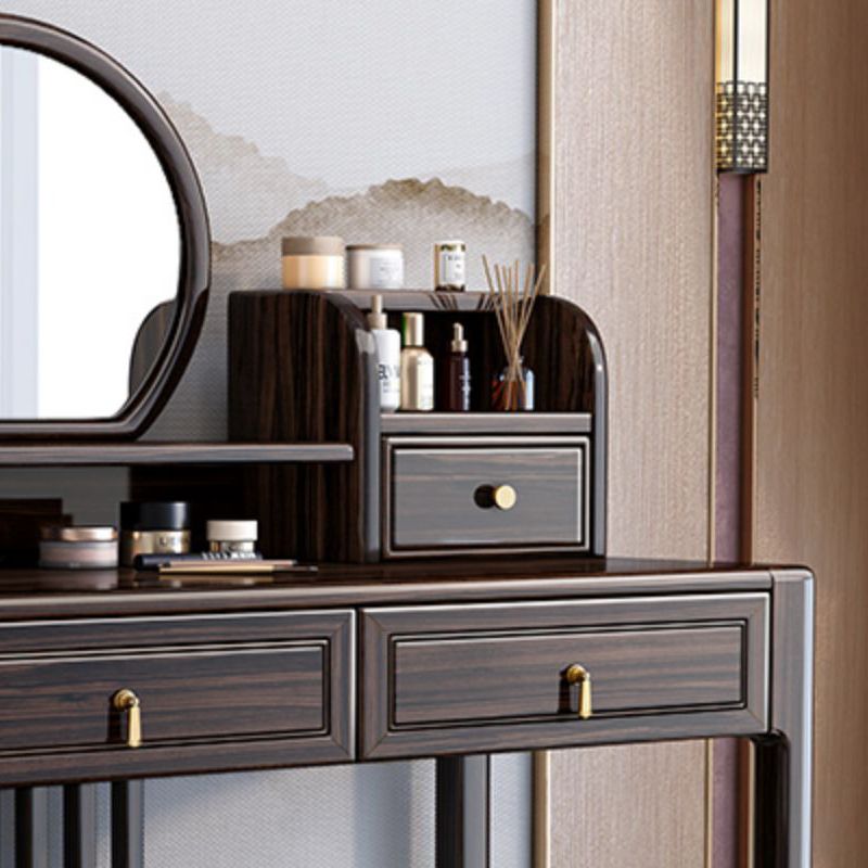 Solid Wood Vanity Set with Stool Set Brown Dresser with 3-Drawer and Mirror