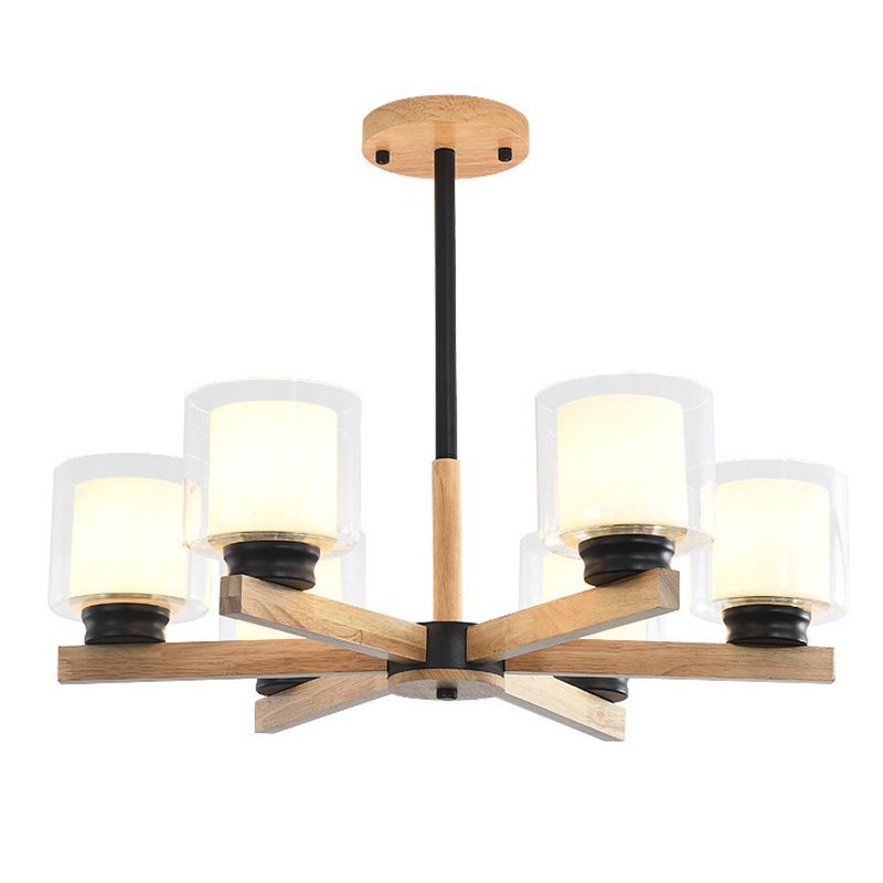 Cylinder Chandelier Lighting Fixtures Modern White Glass Suspension Light With Wooden Stand for Living Room